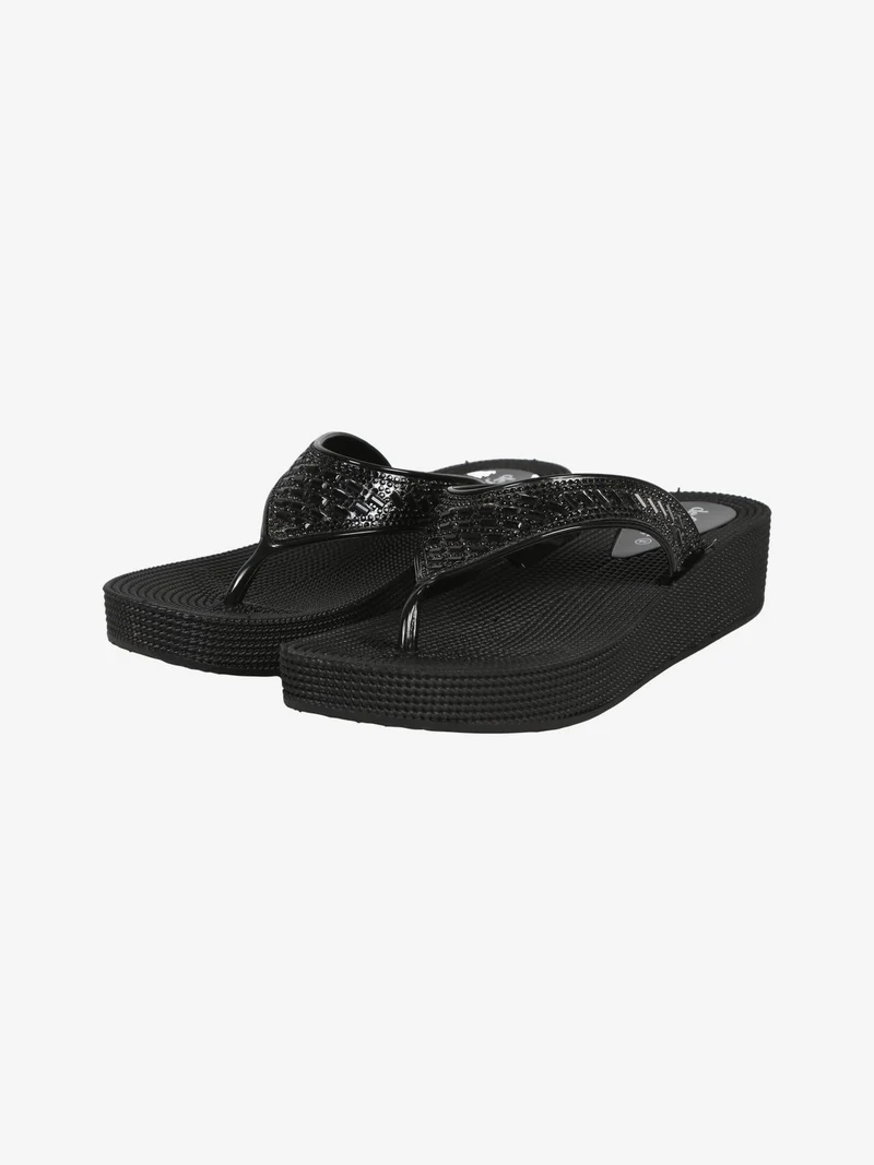 Infradito in gomma da donna con strass e zeppa - nero