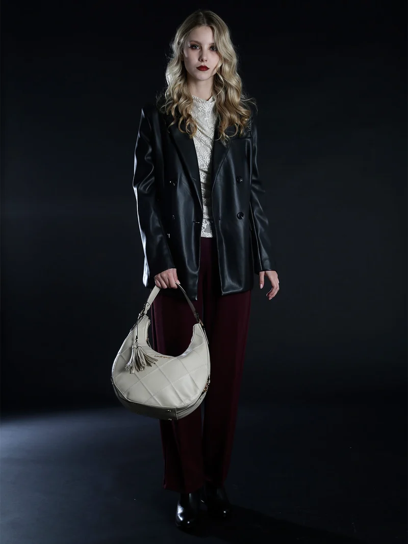 Borsa donna hobo con trama a rombi - naturale