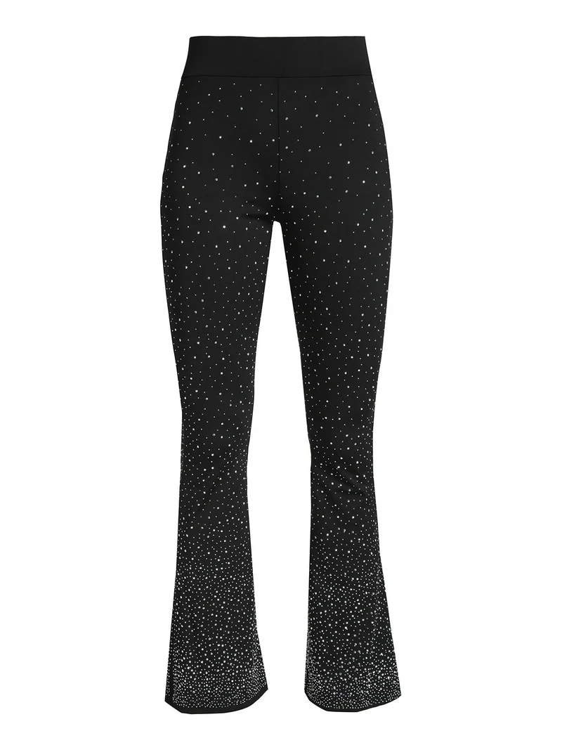 Pantaloni donna a zampa con borchie luccicanti - nero