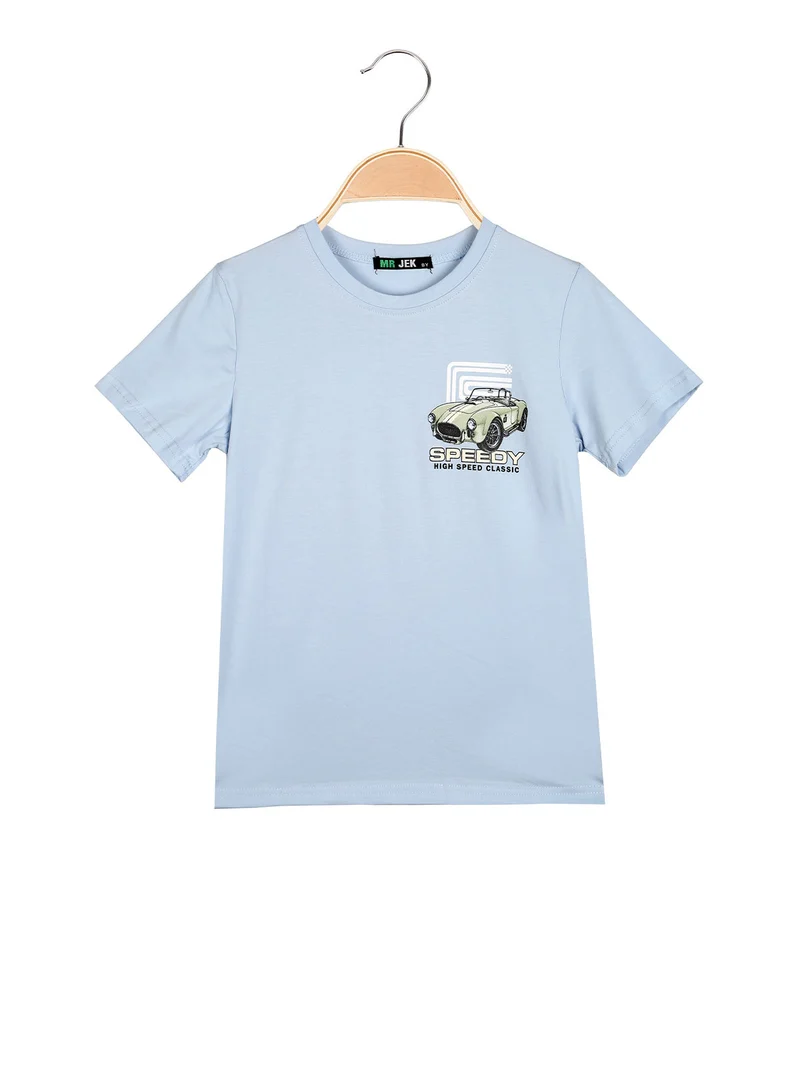 T-shirt da bambino in cotone con stampa disegno davanti e dietro - azzurro