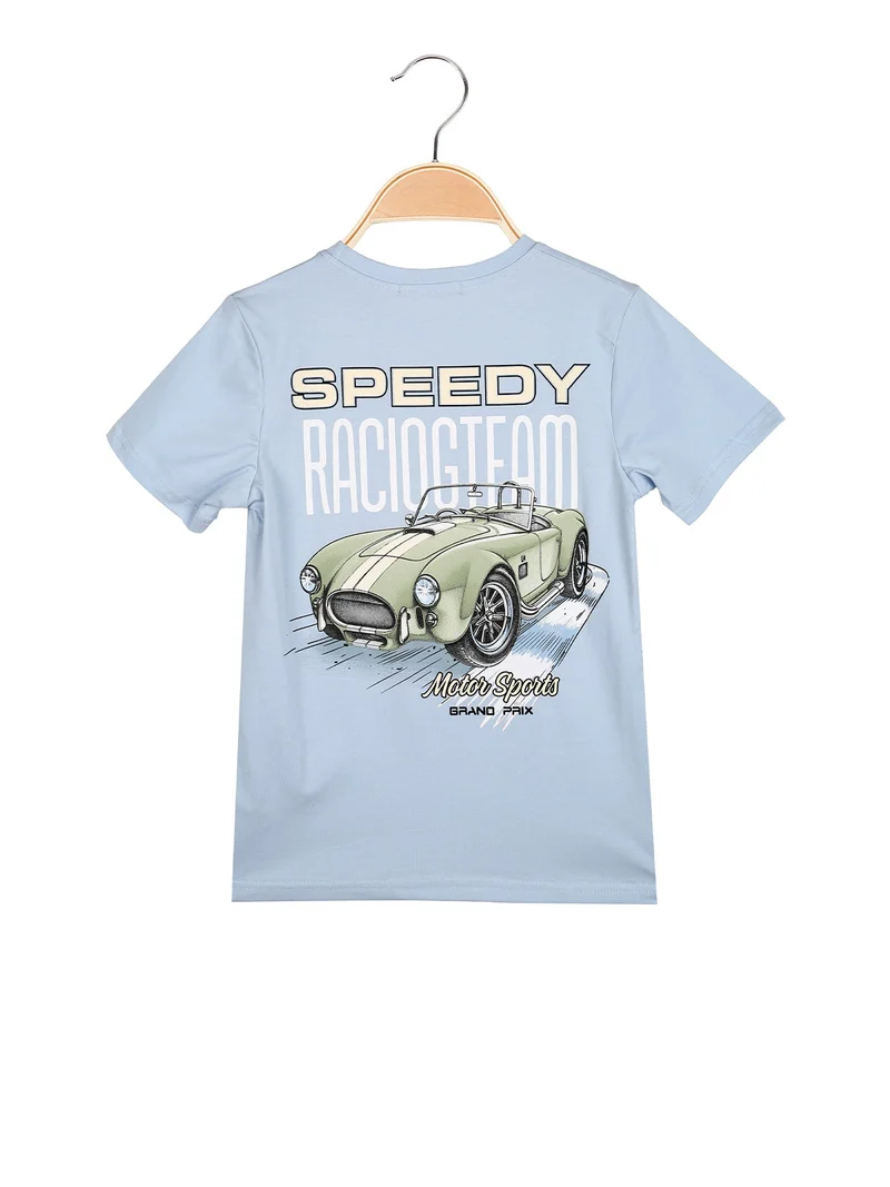 T-shirt da bambino in cotone con stampa disegno davanti e dietro - azzurro