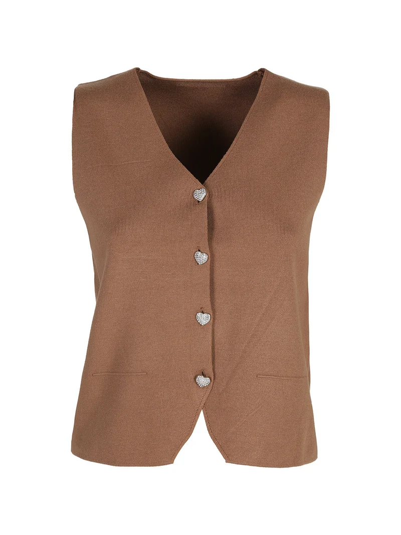 Gilet donna in maglia con bottoni gioiello a cuore - cammello