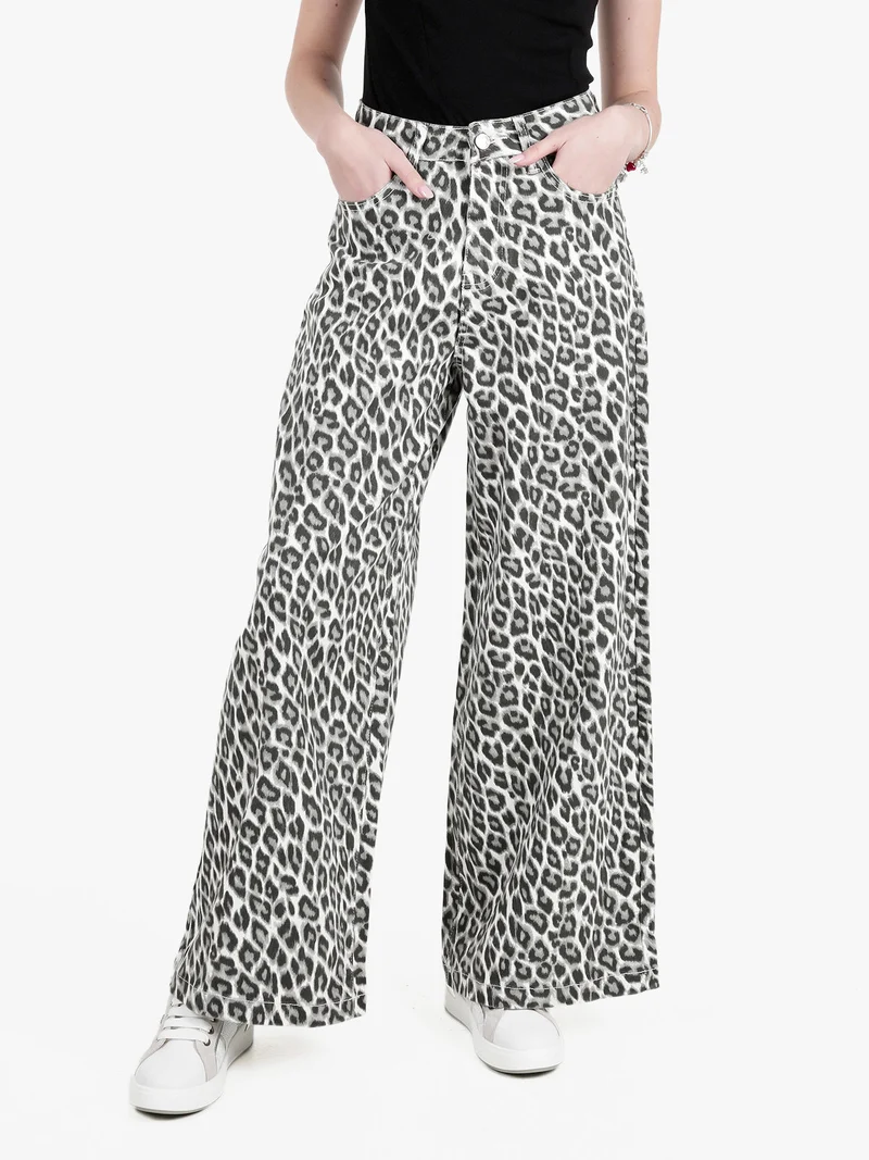 Pantaloni donna animalier a gamba larga - grigio