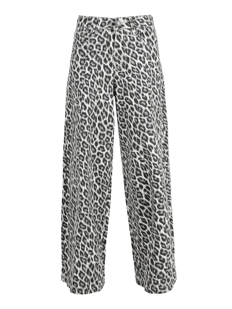 Pantaloni donna animalier a gamba larga - grigio