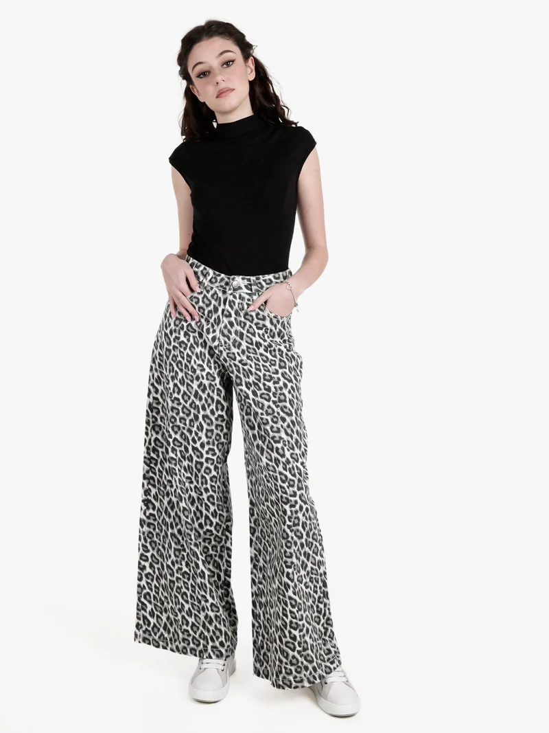 Pantaloni donna animalier a gamba larga - grigio