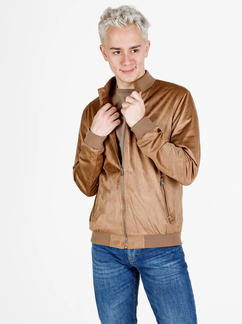 Giacca da uomo in tessuto scamosciato con zip - marrone