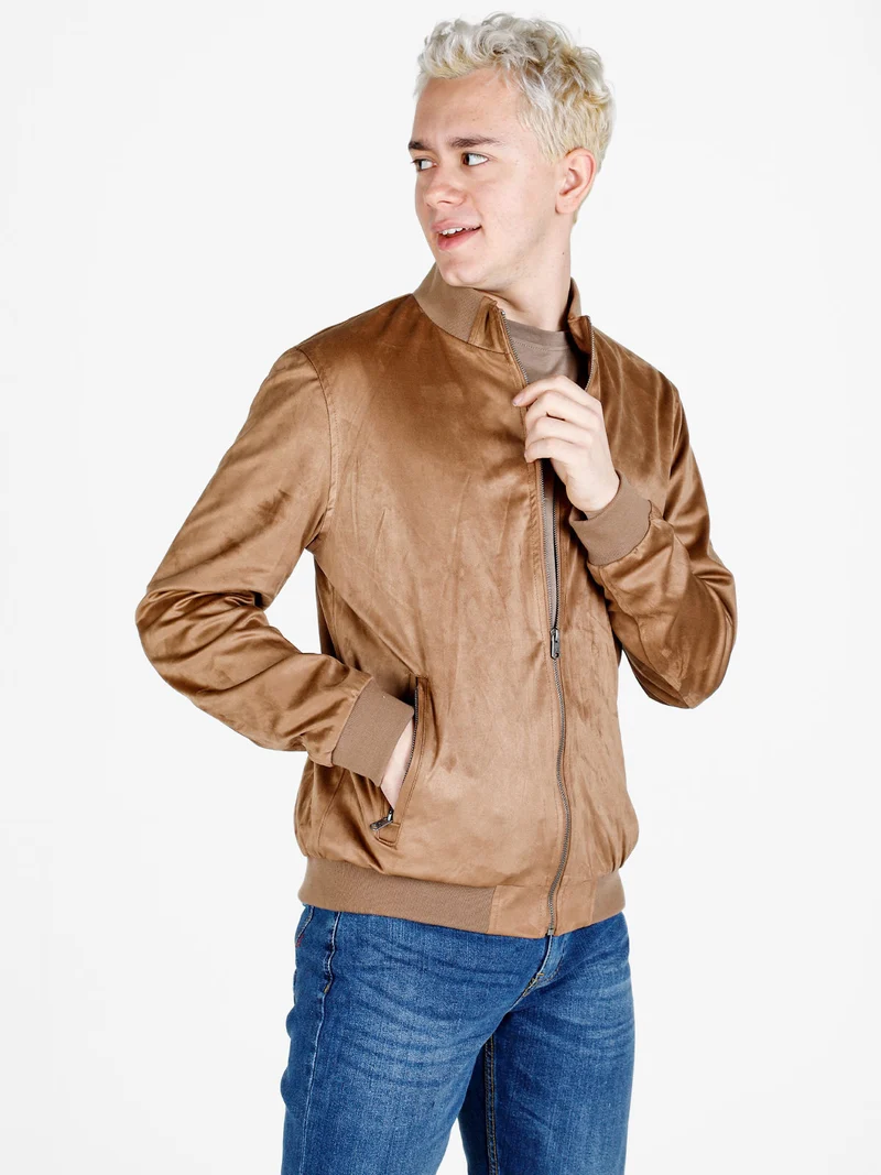 Giacca da uomo in tessuto scamosciato con zip - marrone