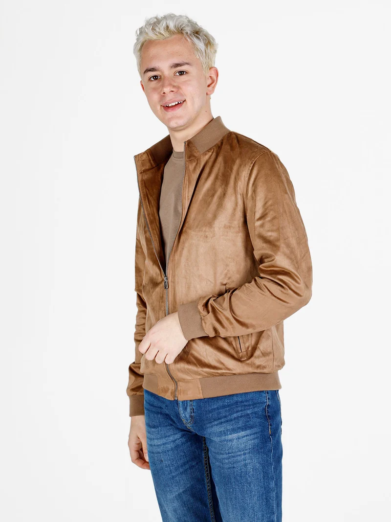 Giacca da uomo in tessuto scamosciato con zip - marrone