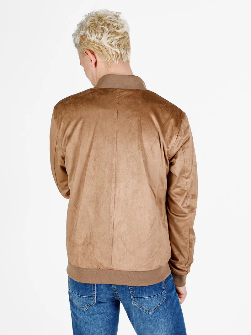 Giacca da uomo in tessuto scamosciato con zip - marrone