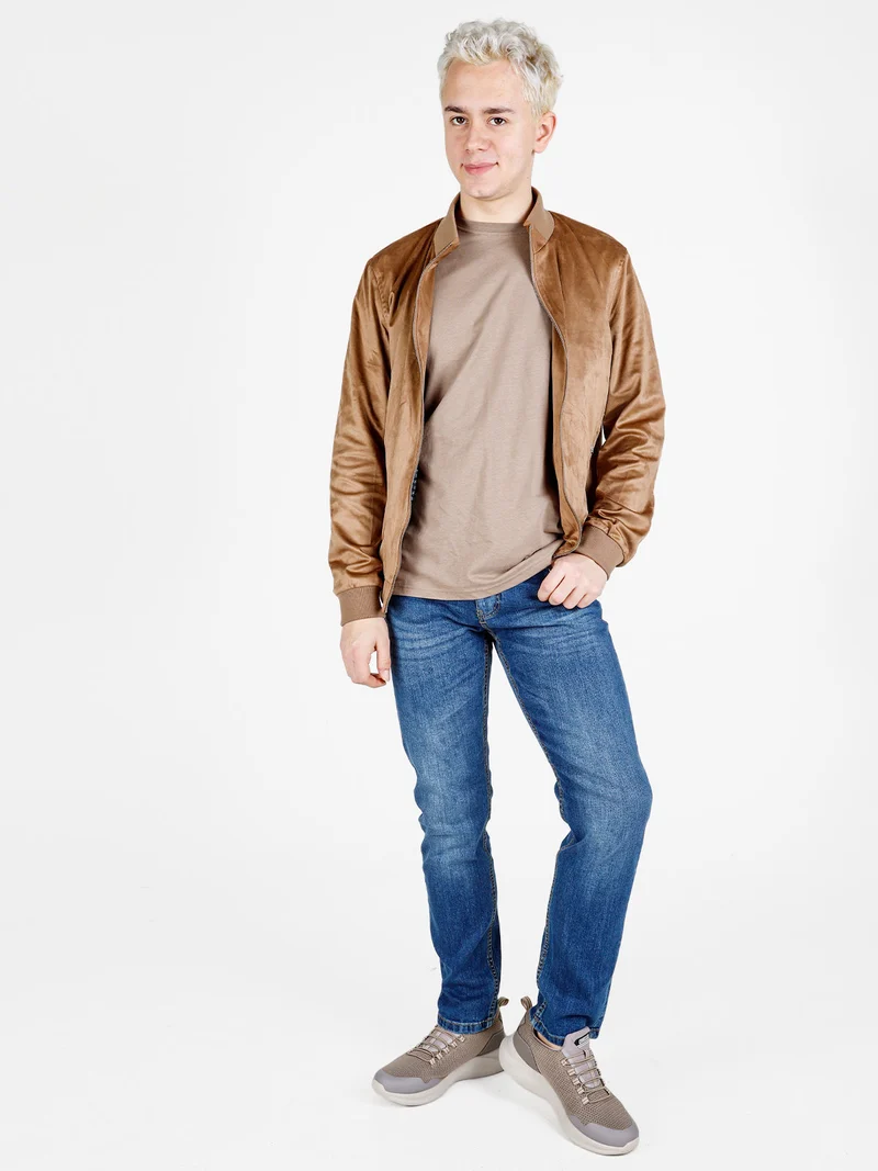 Giacca da uomo in tessuto scamosciato con zip - marrone