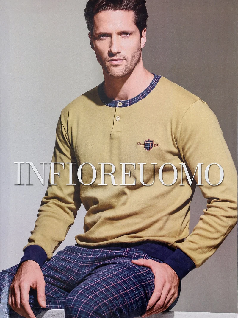 Pigiama lungo da uomo in cotone interlock - senape