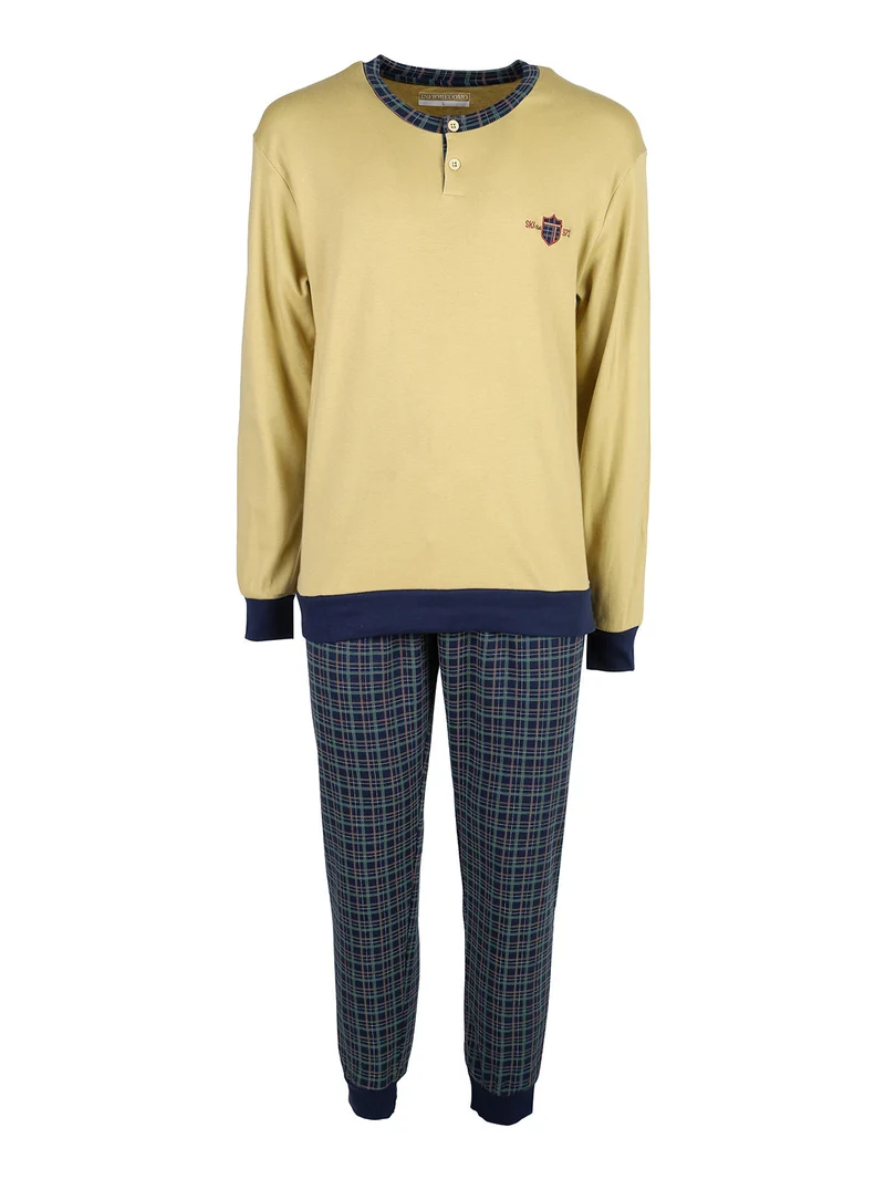 Pigiama lungo da uomo in cotone interlock - senape