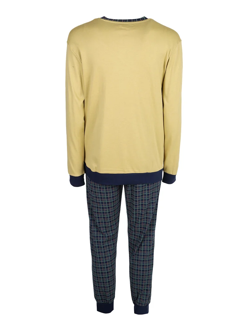 Pigiama lungo da uomo in cotone interlock - senape