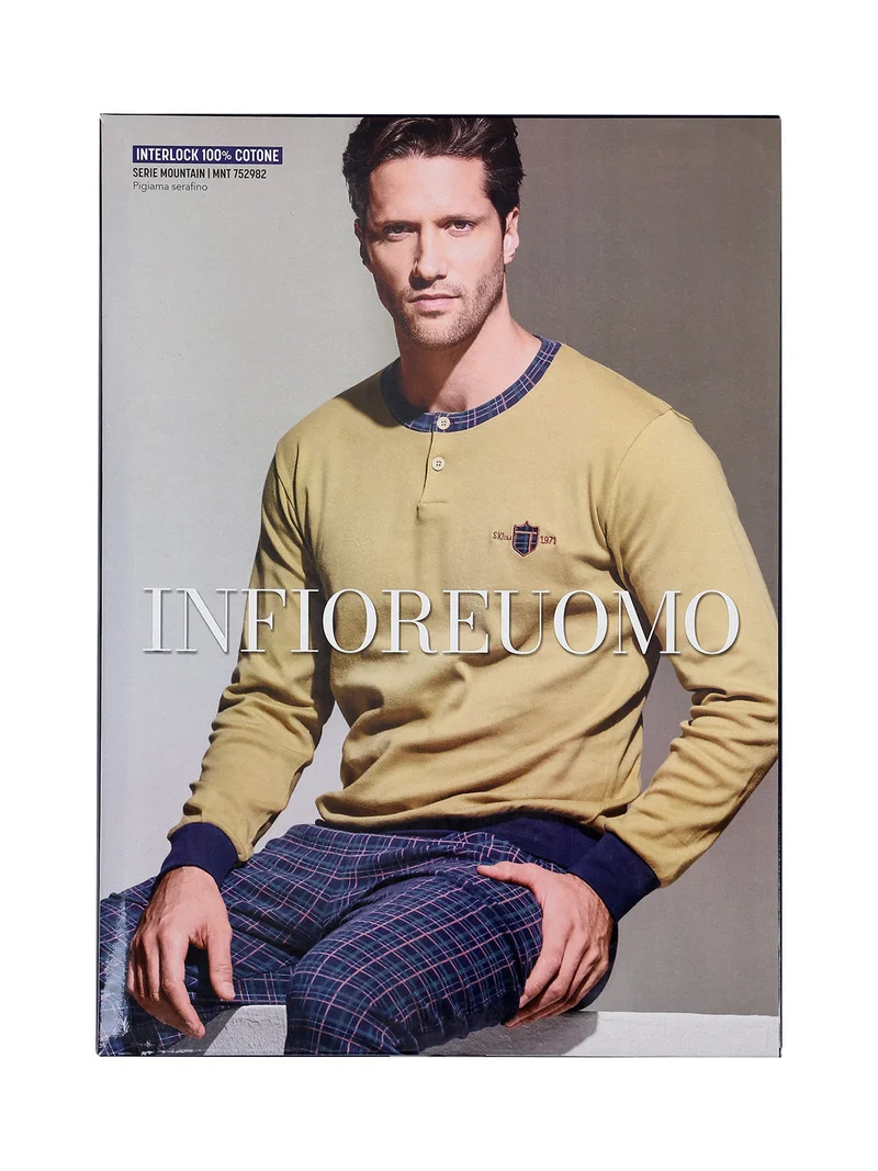 Pigiama lungo da uomo in cotone interlock - senape