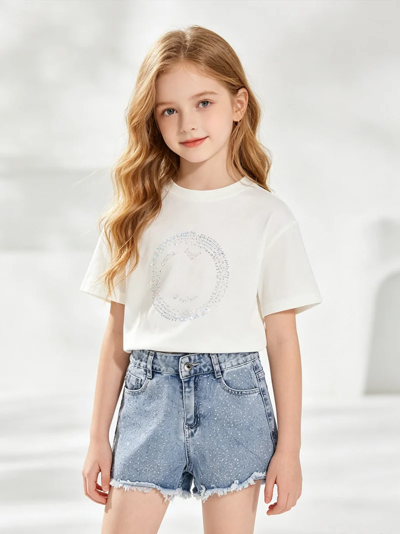 Shorts in jeans da bambina sfrangiati con micro borchie - jeans
