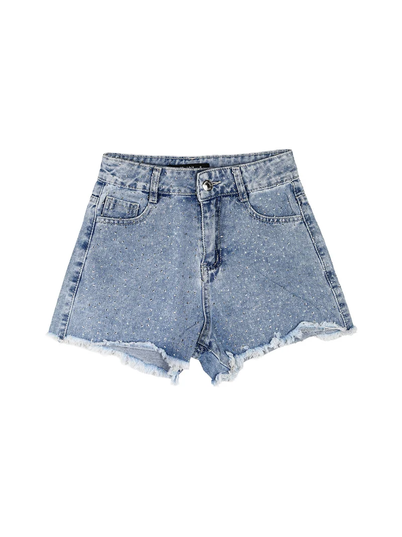 Shorts in jeans da bambina sfrangiati con micro borchie - jeans