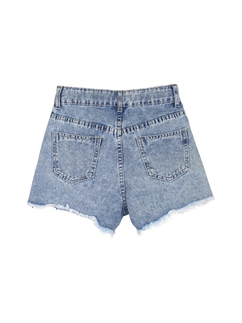 Shorts in jeans da bambina sfrangiati con micro borchie - jeans