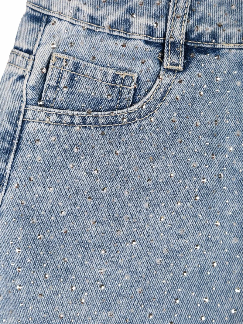 Shorts in jeans da bambina sfrangiati con micro borchie - jeans
