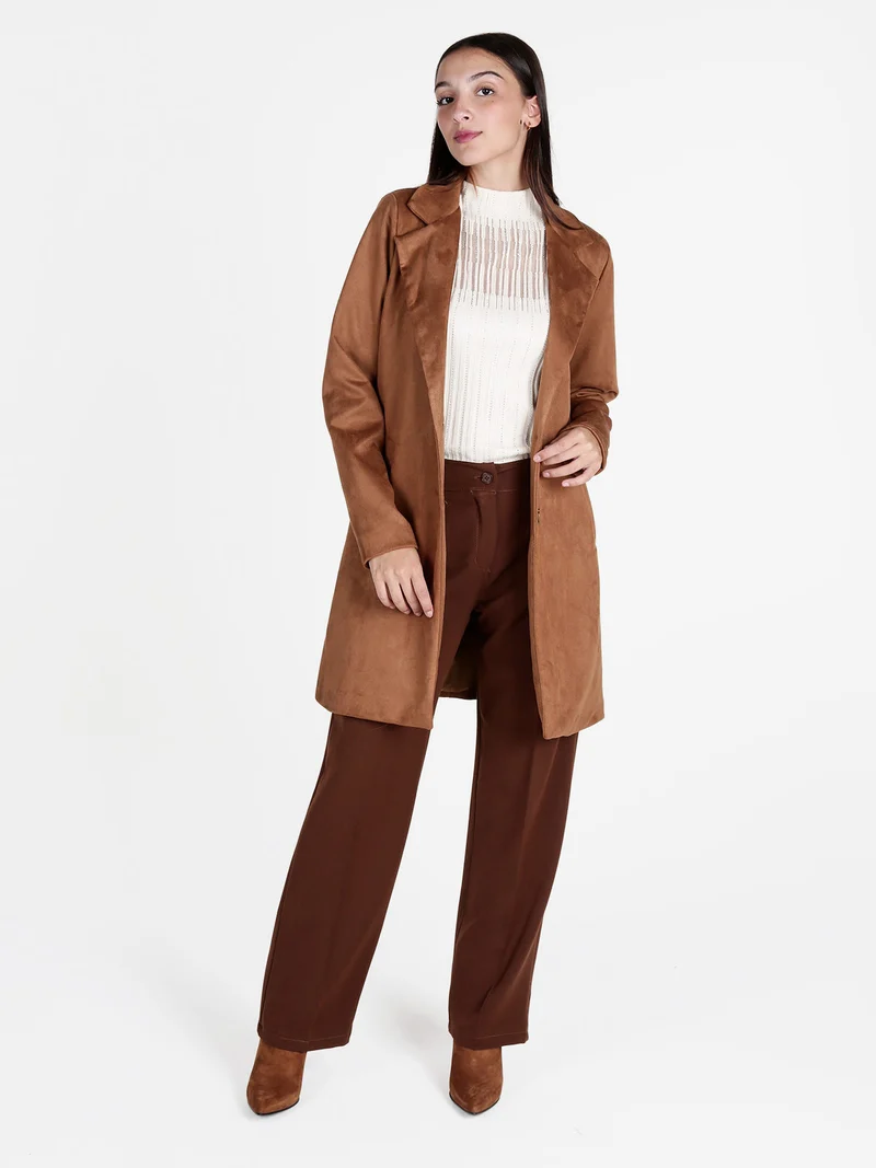 Cappotto donna in tessuto scamosciato - cammello