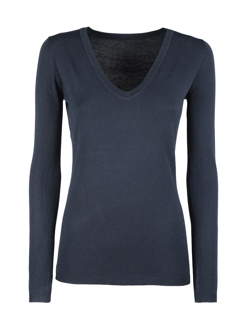 Pullover donna in maglia scollo V - blu scuro