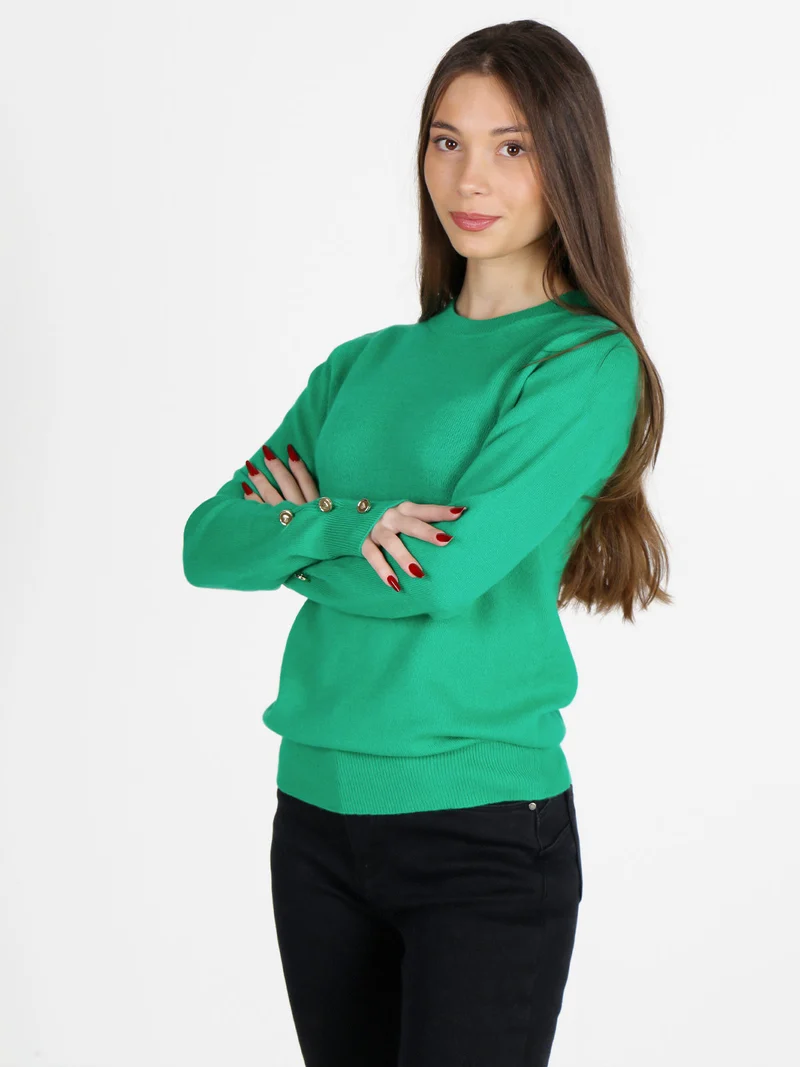 Maglione donna in misto lana e cashemere con bottoni decorativi - verde