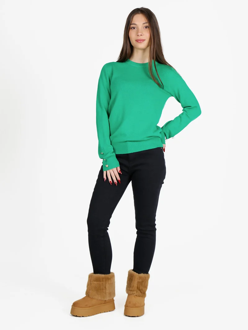 Maglione donna in misto lana e cashemere con bottoni decorativi - verde