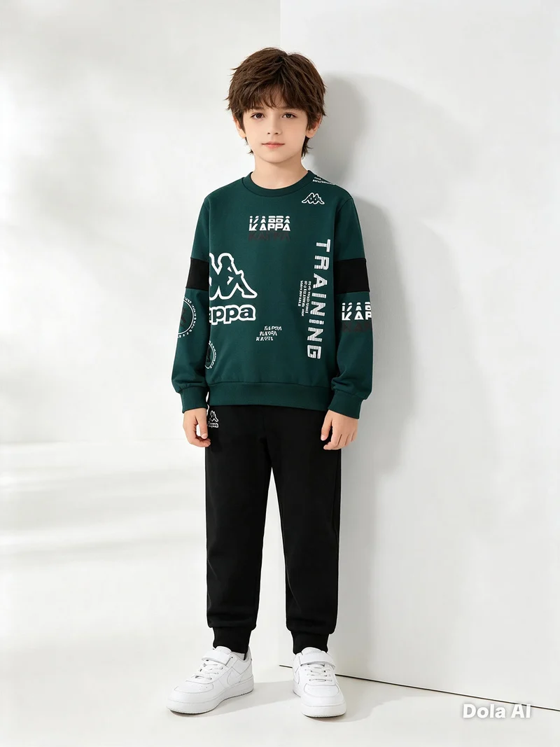 Completo tuta girocollo da ragazzo 2 pezzi con interno in caldo cotone - verde scuro