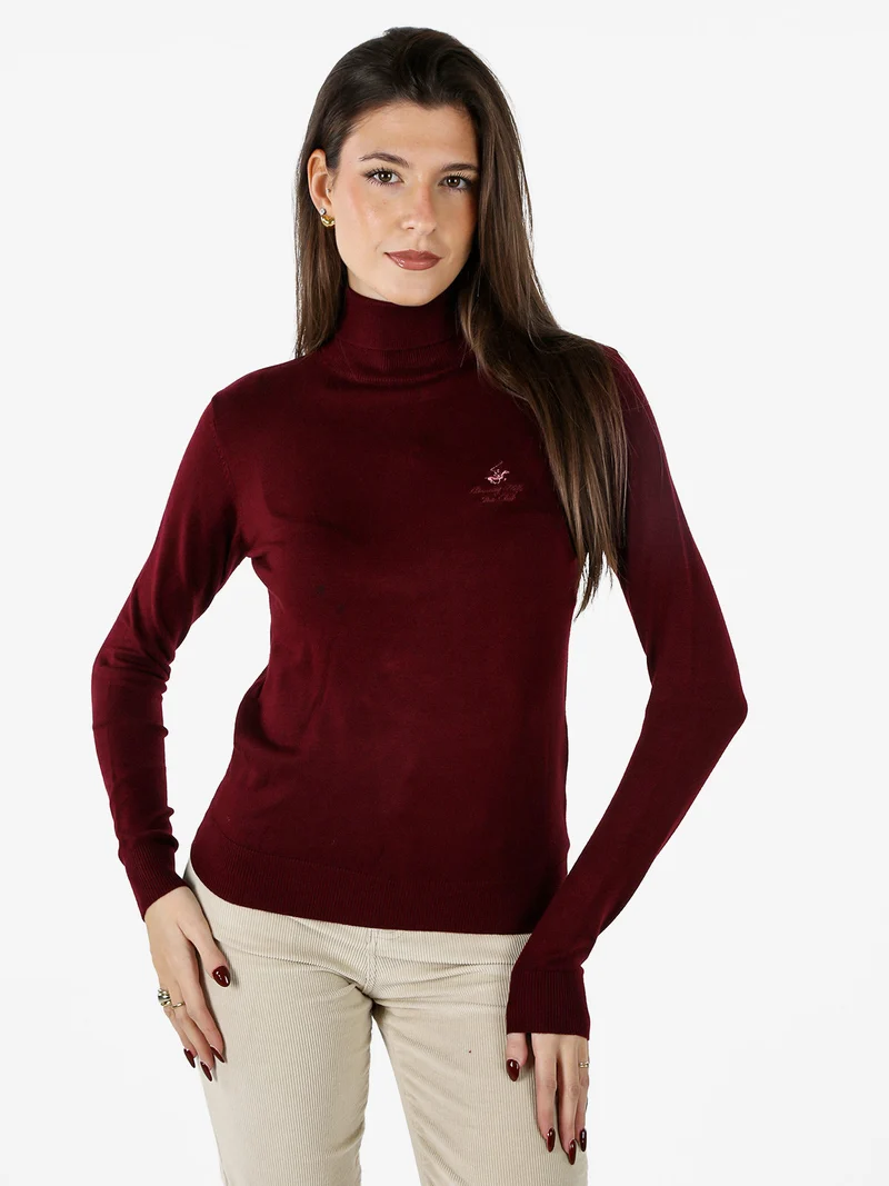 Pullover dolcevita da donna in maglia tinta unita - bordeaux