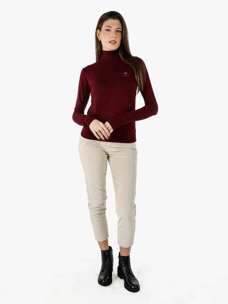 Pullover dolcevita da donna in maglia tinta unita - bordeaux