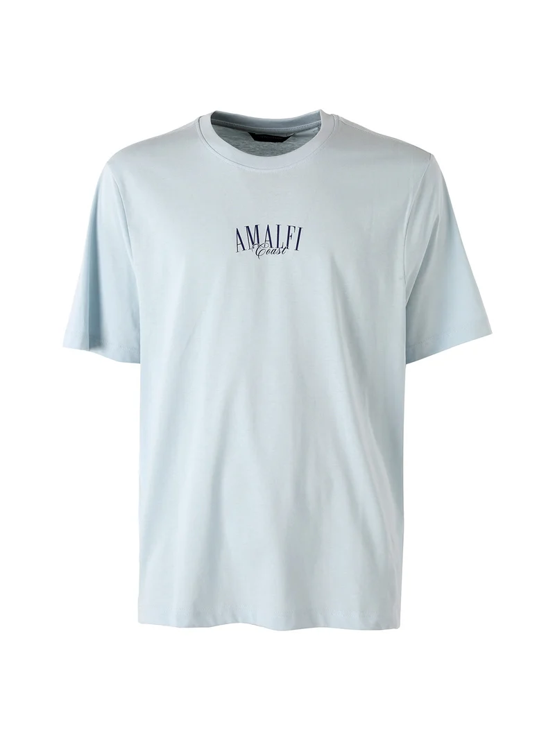 T-shirt in cotone da uomo con stampa AMALFI davanti e dietro - azzurro