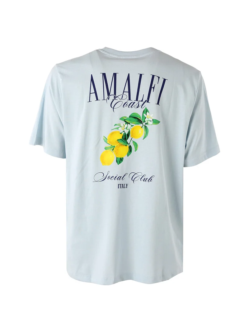 T-shirt in cotone da uomo con stampa AMALFI davanti e dietro - azzurro