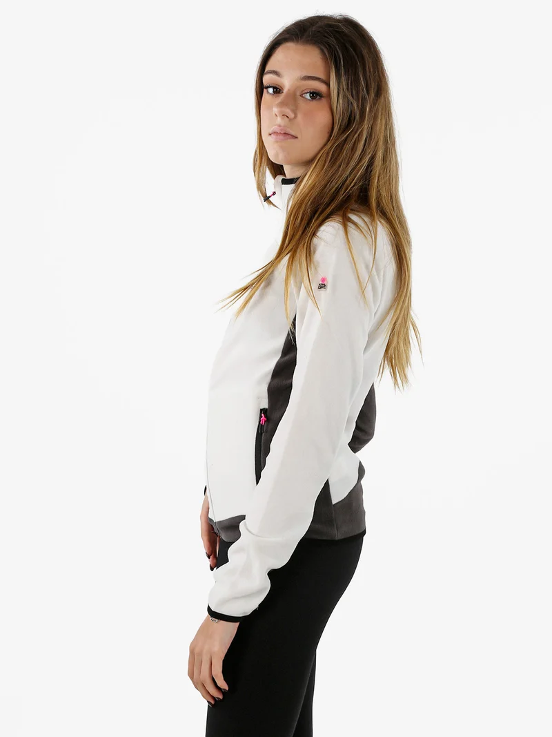 Felpa donna bicolore in micropile con zip intera - bianco