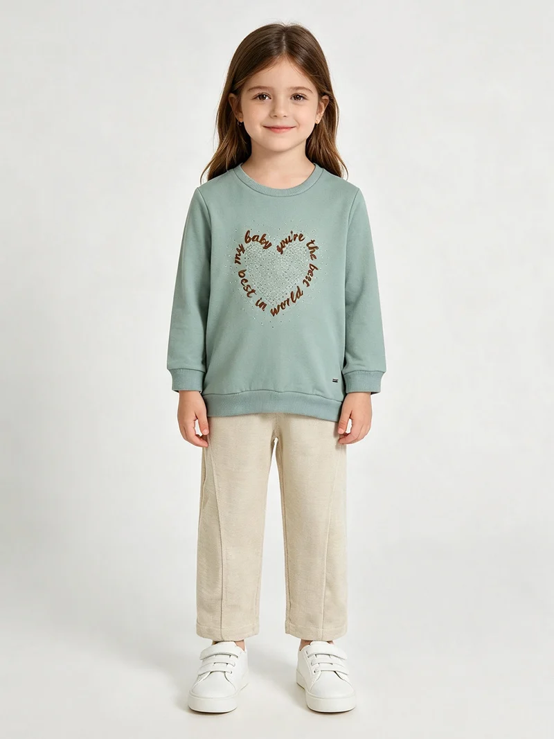 Completo 2 pezzi da bambina con felpa girocollo e pantaloni a palloncino - acqua marina