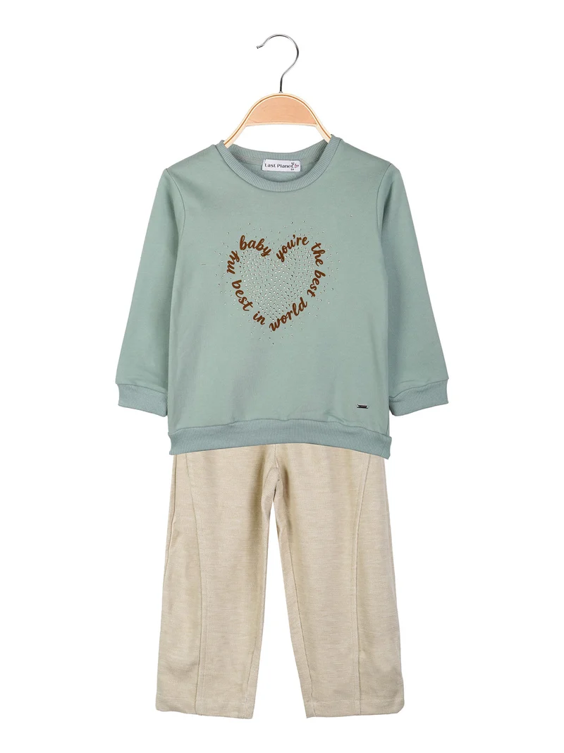 Completo 2 pezzi da bambina con felpa girocollo e pantaloni a palloncino - acqua marina