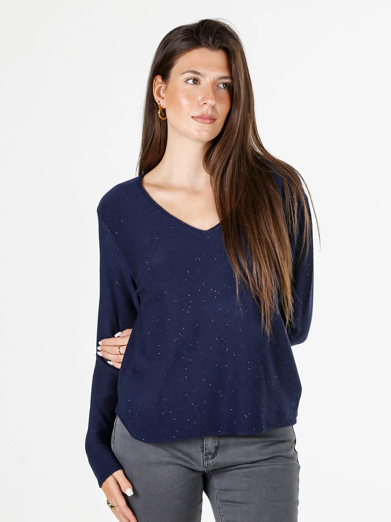 Maglia donna con scollo a V e dettagli di mini paillettes - blu scuro