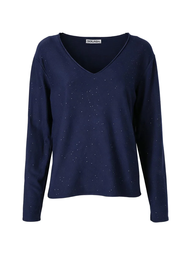 Maglia donna con scollo a V e dettagli di mini paillettes - blu scuro
