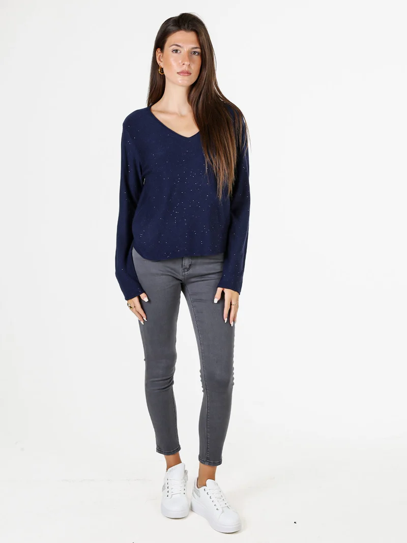 Maglia donna con scollo a V e dettagli di mini paillettes - blu scuro