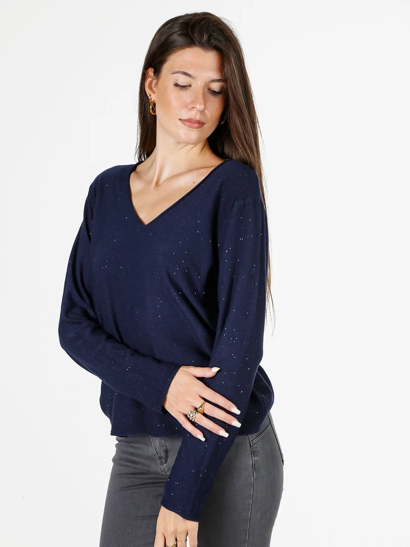 Maglia donna con scollo a V e dettagli di mini paillettes - blu scuro