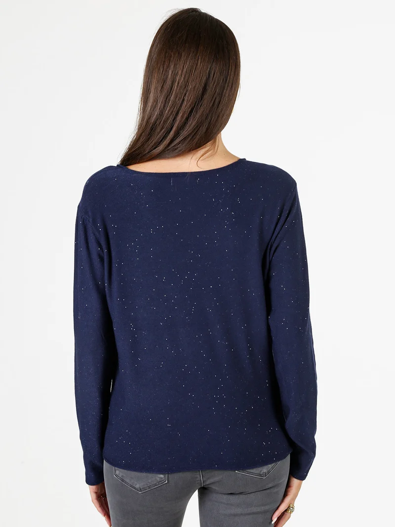 Maglia donna con scollo a V e dettagli di mini paillettes - blu scuro