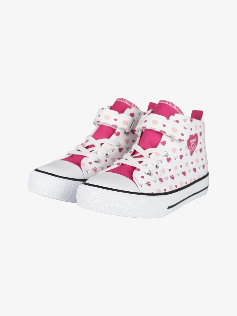 Sneakers alte da bambina con cuori e strappo - bianco
