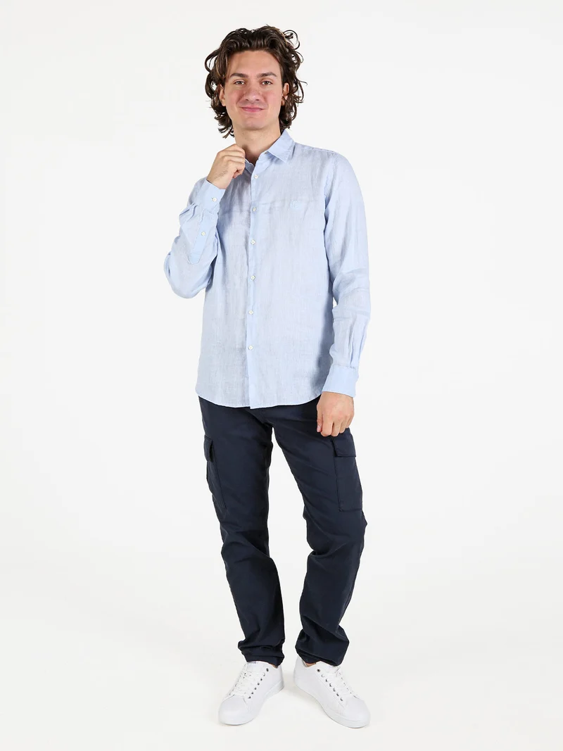 Camicia in lino da uomo a maniche lunghe - azzurro