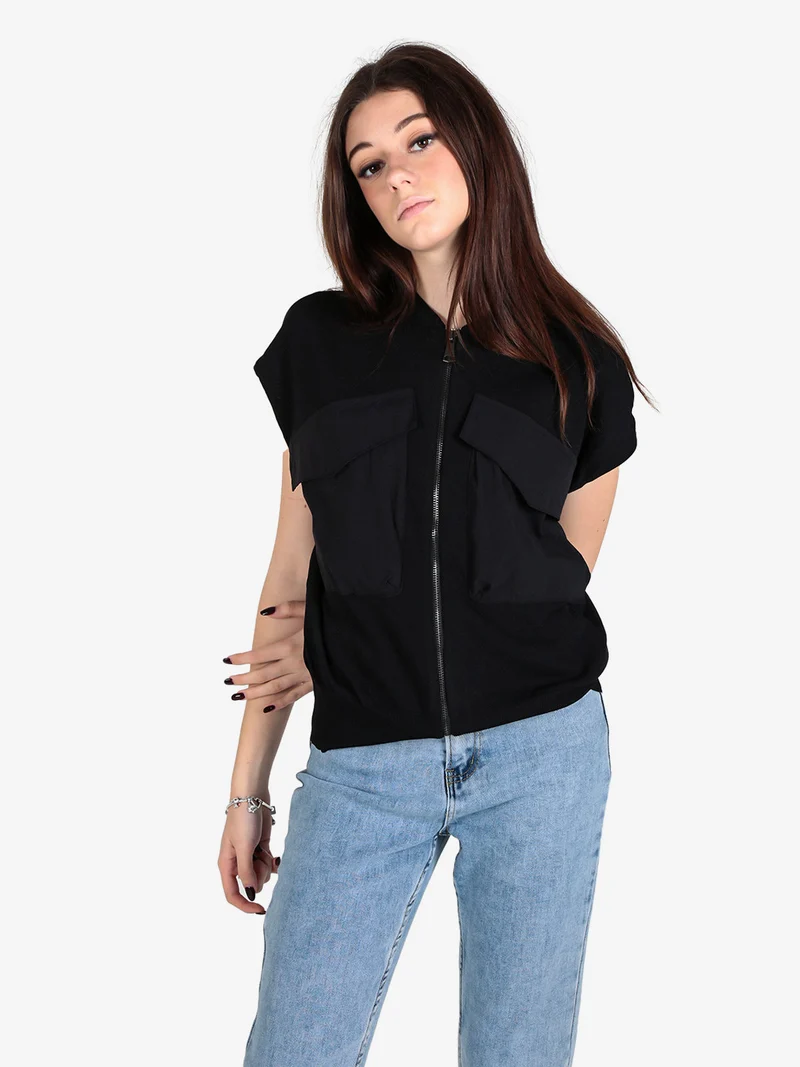 Maglia donna senza maniche con zip e tasche - nero
