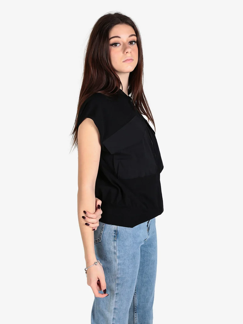 Maglia donna senza maniche con zip e tasche - nero