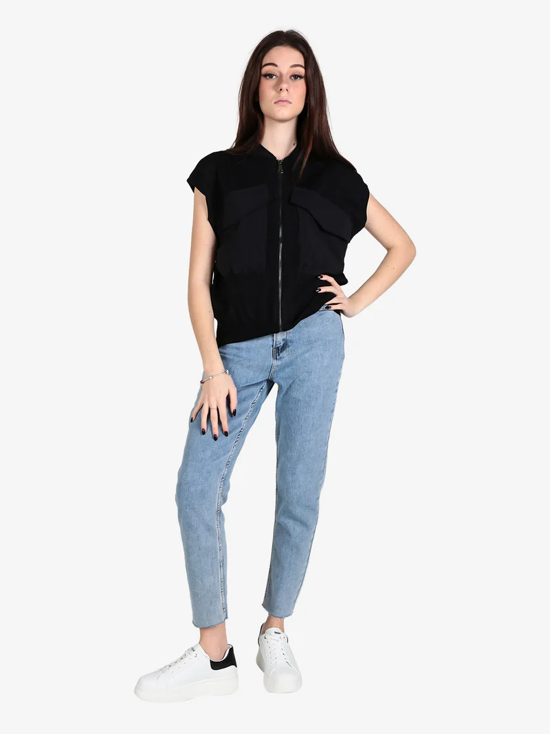 Maglia donna senza maniche con zip e tasche - nero