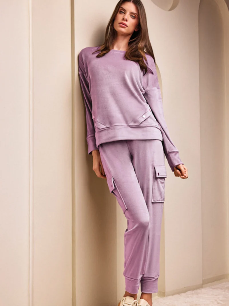 Completo tuta da donna in ciniglia soft con tasconi - lilla