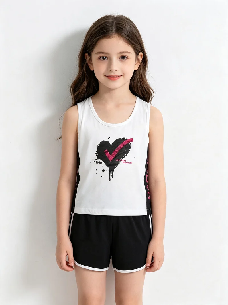 Completo corto sportivo 2 pezzi da bambina con glitter - bianco
