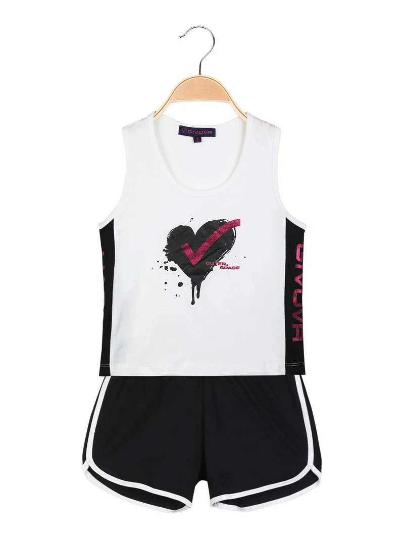 Completo corto sportivo 2 pezzi da bambina con glitter - bianco