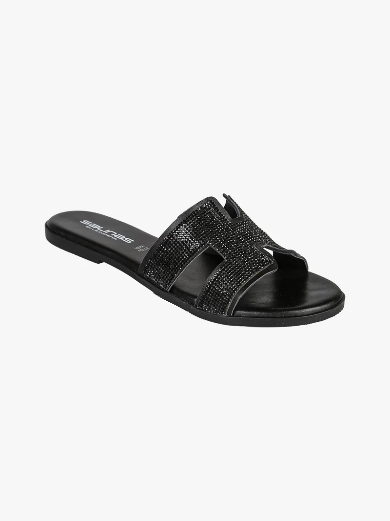 Ciabatte donna in pelle con strass - nero