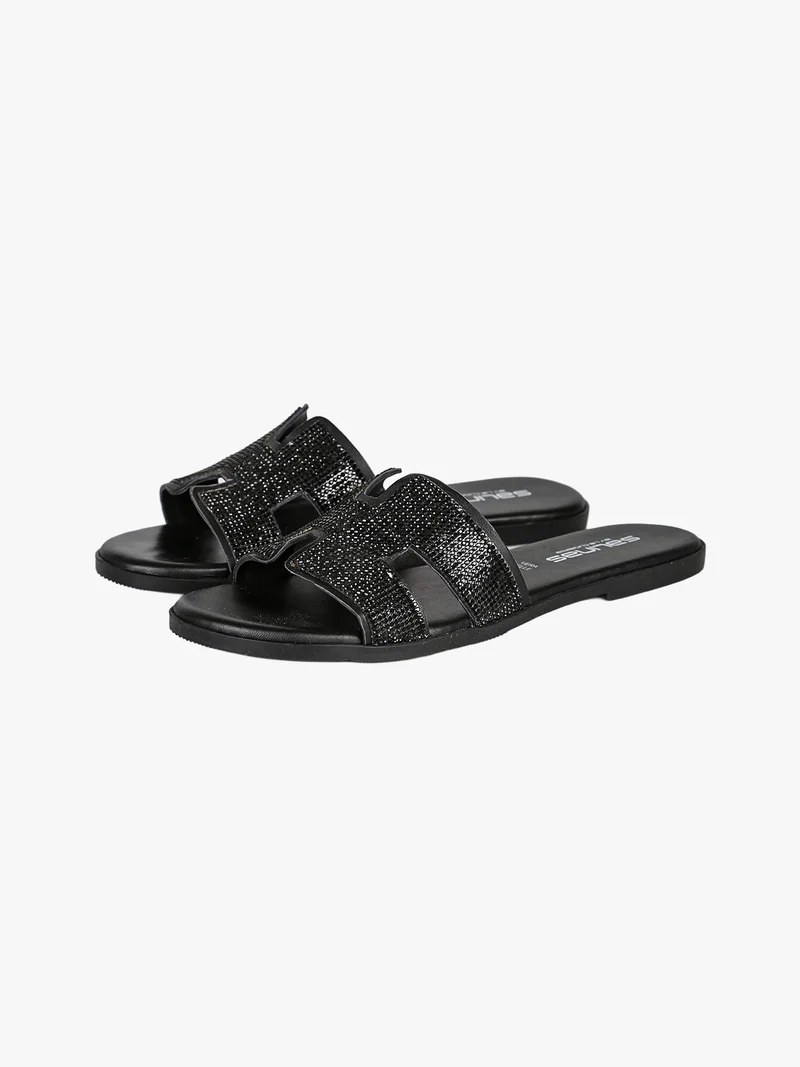 Ciabatte donna in pelle con strass - nero