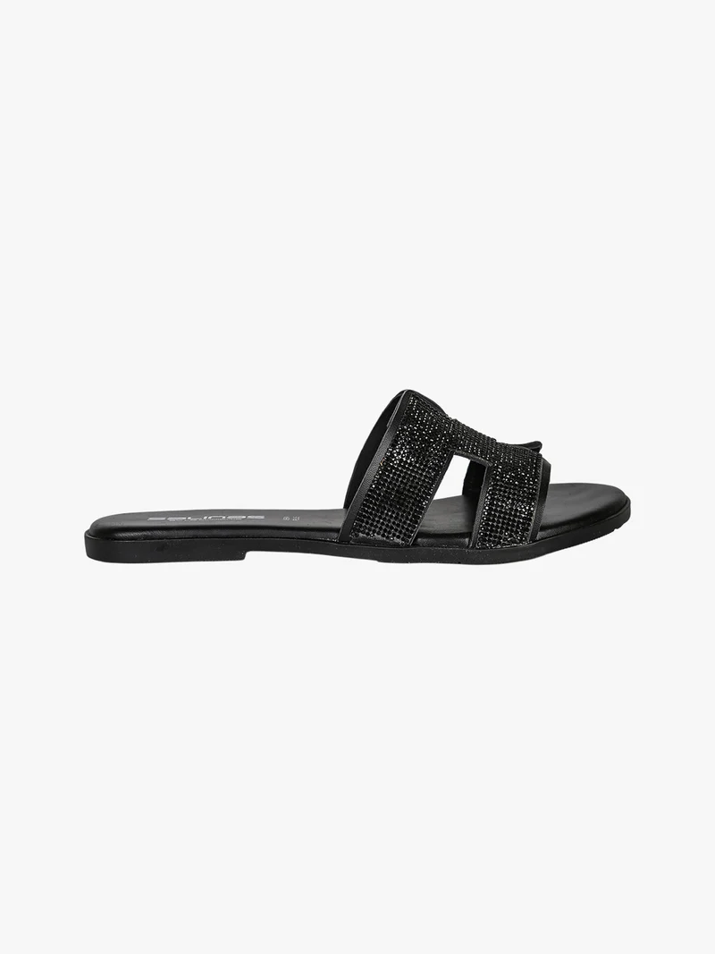 Ciabatte donna in pelle con strass - nero